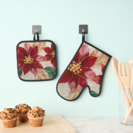 Weihnachtliche Poinsettien-Eleganz Ofenhandschuh & Topflappen-Set