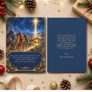 Weihnachtliche religiöse Geburtsszene Blau Gold Feiertagskarte
