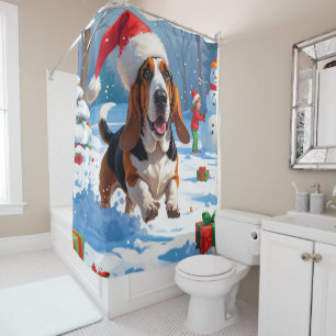 Weihnachtliche Schneeszene mit Basset Hound Duschvorhang