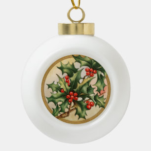 Weihnachtliche Stechpalme im Vintage-Stil Keramik Kugel-Ornament