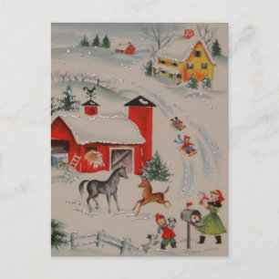 Weihnachtliche Vintage-Ferienpostkarte vom Bauernh Feiertagspostkarte