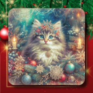 Weihnachtliche Vintage-Weihnachtskatze Quadratischer Aufkleber