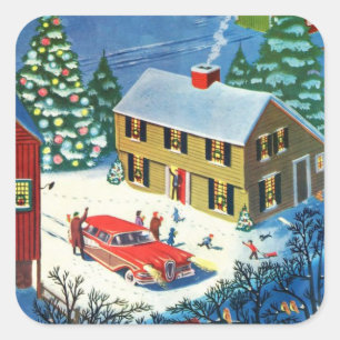 Weihnachtliche Vintage-Winterszene Quadratischer Aufkleber