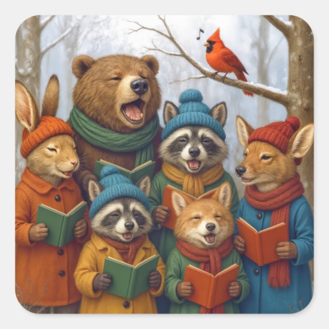 Weihnachtliche Waldtiere beim Singen  Quadratischer Aufkleber (Vorderseite)