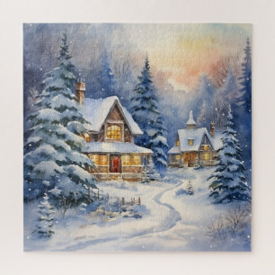 Weihnachtliche Winterhäuser und Weg  Puzzle