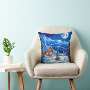 Weihnachtliche Wintermondnacht Hütte Kissen