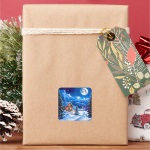 Weihnachtliche Wintermondnacht Hütte Quadratischer Aufkleber