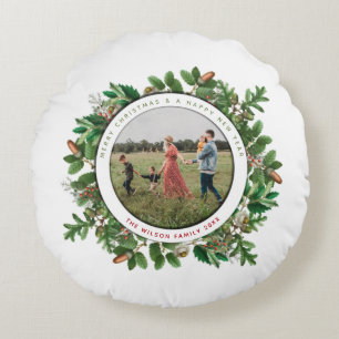 Weihnachtlicher Eichenkränz Familienfoto Rundes Kissen