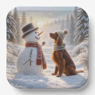 Weihnachtlicher Irischer Setter mit Schneemann Pappteller