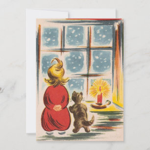 Weihnachtlicher Junge und Katze beim Blick aus dem Feiertagskarte