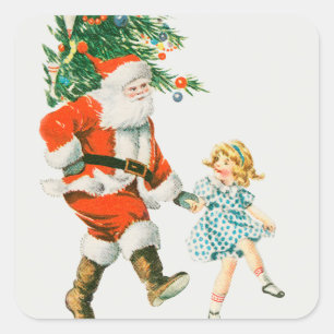 Weihnachtlicher Santa Claus und kleines Mädchen Quadratischer Aufkleber