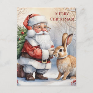 Weihnachtlicher Santa Claus und sein Kaninchen an Postkarte