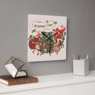 Weihnachtlicher Santa Claus und tanzende Kinder im Quadratische Wanduhr