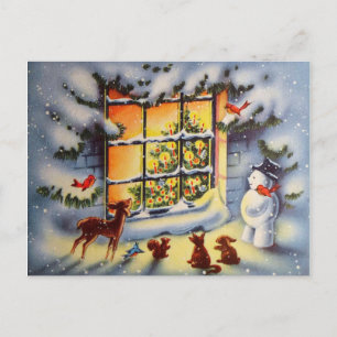 Weihnachtlicher Schneemann-Tiere, vintage, Feierta Feiertagspostkarte