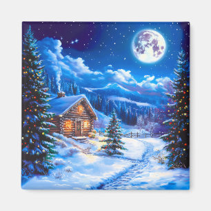Weihnachtlicher Schneewinter Mond Nacht Hütte Magnet