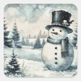 Weihnachtlicher Vintage-Schneemann Quadratischer Aufkleber