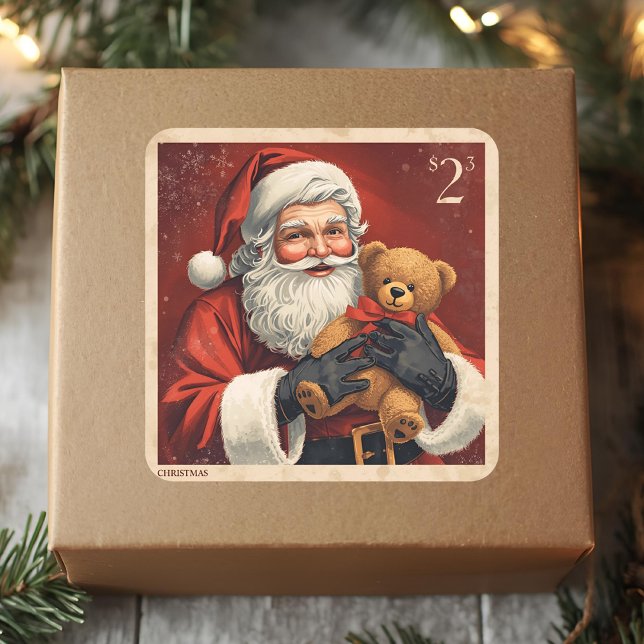 Weihnachtlicher Vintage-Weihnachtsmann mit Teddybä Quadratischer Aufkleber (Von Creator hochgeladen)