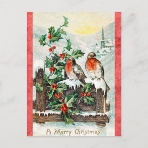 Weihnachtlicher Vintage-Weihnachtsvogel Stechpalme Postkarte