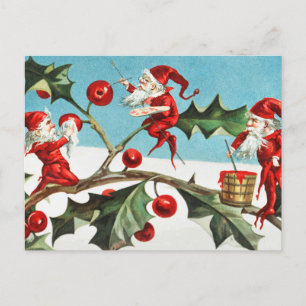 Weihnachtlicher Weihnachtsmann-Elf und Stechpalmen Postkarte