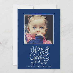 Weihnachtliches Blaues Kalligrafie-Wirbel-Foto Feiertagskarte