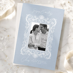 Weihnachtliches Familienfoto in verspieltem Blau Feiertagskarte