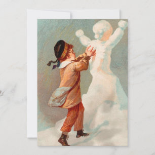 Weihnachtliches Kind baut Schneemann Feiertagskarte