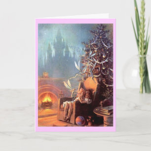 Weihnachtliches Mädchen mit Feen im Vintage-Stil Feiertagskarte