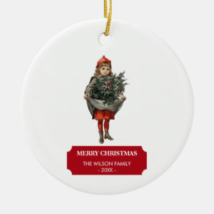 Weihnachtliches Mädchen & Stechpalmen-Beeren Festl Keramik Ornament