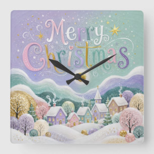 Weihnachtliches Pastell-Winterdorf mit Schneehäuse Quadratische Wanduhr