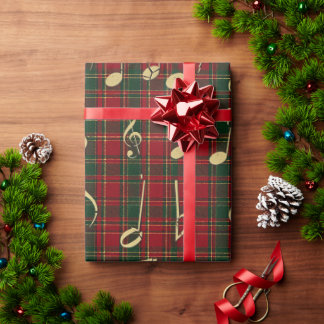 Weihnachtliches Rotkariert und Goldene Musiknoten  Geschenkpapier