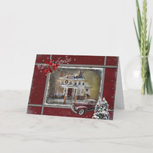 Weihnachtliches viktorianisches Haus mit altem Aut Feiertagskarte
