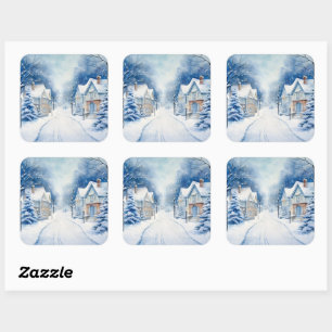 Weihnachtliches Vintage-Dorf Blaue Szene Quadratischer Aufkleber
