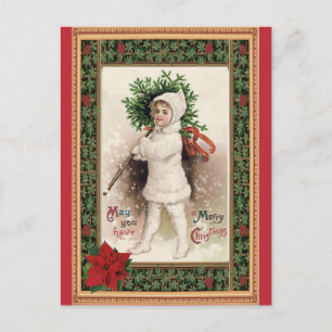Weihnachtliches Vintage-Kind mit Poinsettie Postkarte