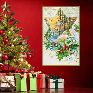 Weihnachtliches Vintage-Merry-Christmas-Holly-Beer Poster