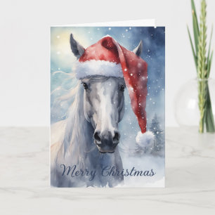 Weihnachtliches Weißes Pferd mit Weihnachtsmannmüt Karte
