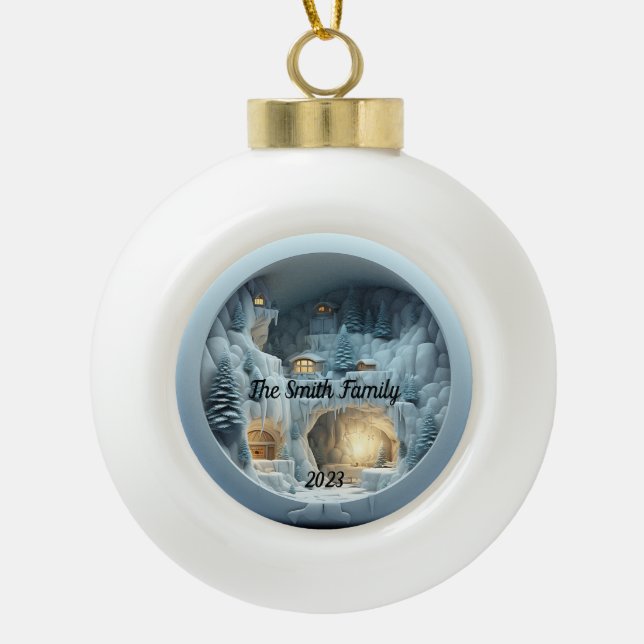 Weihnachts-3D-Eisschnee-Feuerplatz Keramik Kugel-Ornament (Vorderseite)