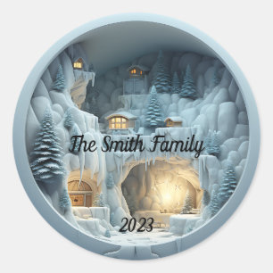Weihnachts-3D-Eisschnee-Feuerplatz Runder Aufkleber