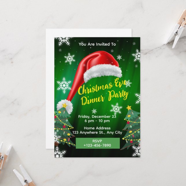 Weihnachts Abendessen Einladung Editable Card (Vorderseite/Rückseite Beispiel)