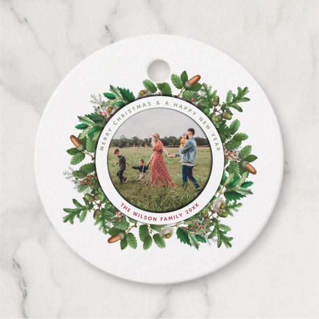 Weihnachts Acorn Wreath Family Foto Geschenk Geschenkanhänger (Vorderseite)