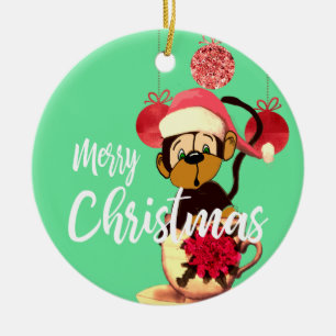 Weihnachts-Affen Grün Rot Niedliche Keramik Orname Keramik Ornament