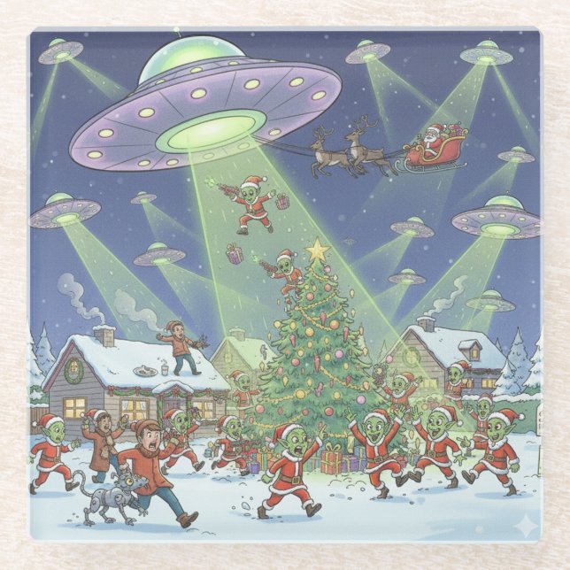 Weihnachts-Alien-Invasion, Glas-Unterlage Glasuntersetzer (Vorderseite)