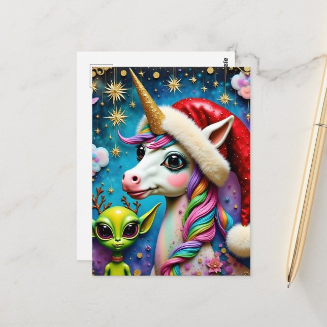 Weihnachts-Alien und Einhorn Postkarte (Vorderseite/Rückseite Beispiel)