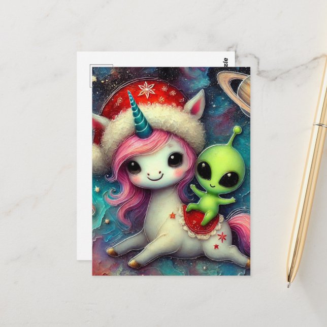 Weihnachts-Alien und Einhorn Postkarte (Vorderseite/Rückseite Beispiel)