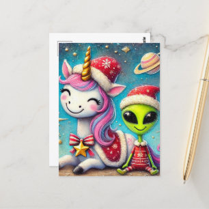 Weihnachts-Alien und Einhorn Postkarte