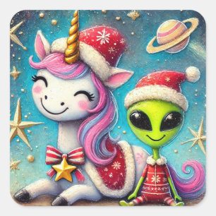 Weihnachts-Alien und Einhorn Quadratischer Aufkleber