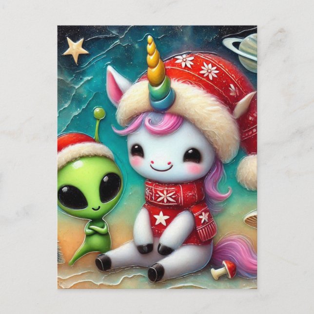 Weihnachts-Alien und Unicorn Postkarte (Vorderseite)