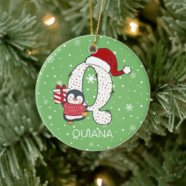 Weihnachts Alphabet Q Weihnachtsmannmütze Pinguin  Keramik Ornament
