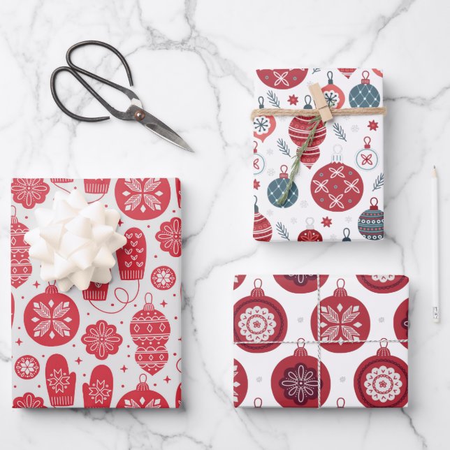 Weihnachts altmodische Muster Wrapping Paper Sheet Geschenkpapier Set (Vorderseite)
