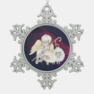 Weihnachts-Angel-Hirte mit Lämmern Schneeflocken Zinn-Ornament