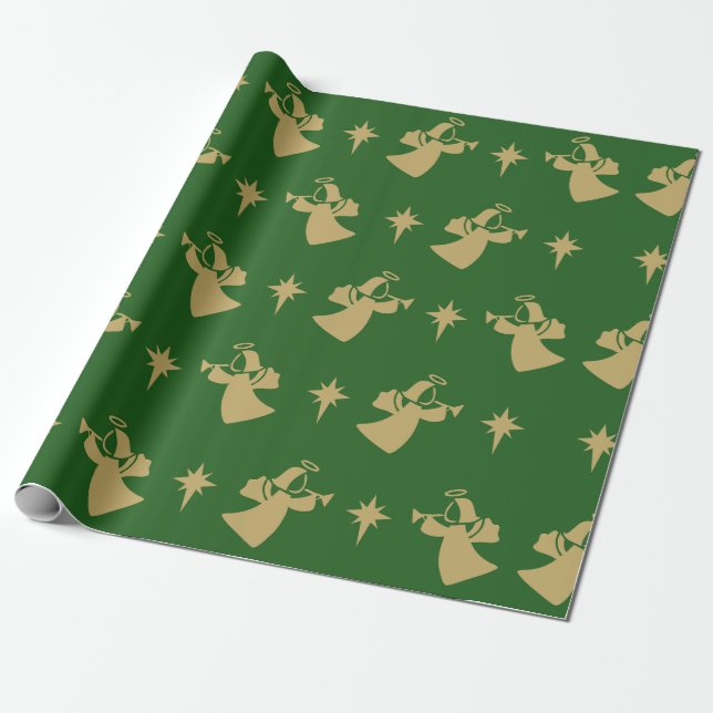 Weihnachts Angel Nativity Star Green Gold Geschenkpapier (Ungerollt)